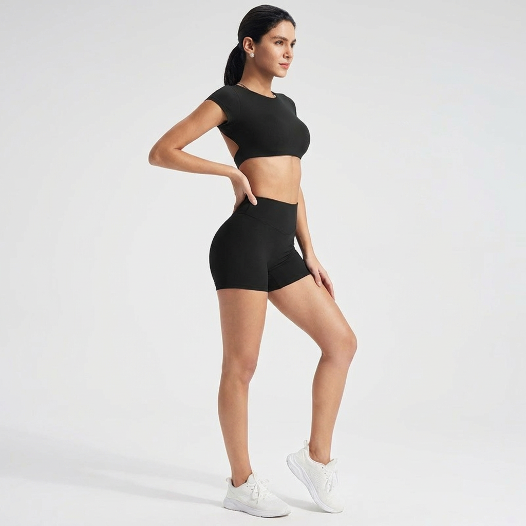 Pilates-Set mit rückenfreiem Top & Shorts